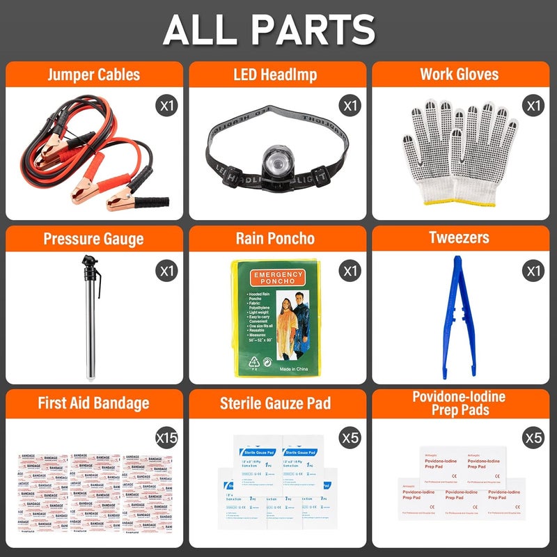 MANWALD Emergency Car Tool Kit Roadside Assistance Tool Kit, Vehicle Safety Tool with Headlamp, Gloves and Jumper Cable Kit, Essential Car Accessories for Men, Women - Image 2